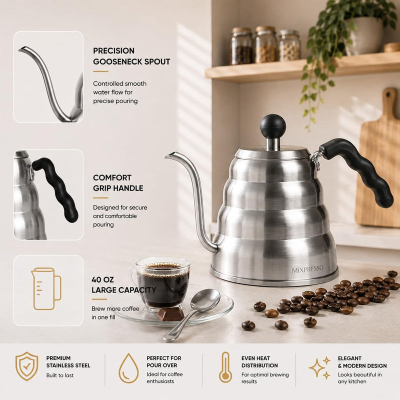 Mixpresso Gooseneck Pour Over Coffee Kettle, Barista Pour Control Design, Ideal for Coffee and Tea, High-Grade Stainless Steel 1.2 Liter 40 Oz, Induction Cooker Stovetop Kettle Stainless Steel