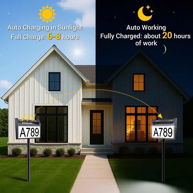 Solar House Number Sign, deerdance LED Illuminated Outdoor Address Plaque with Smart Control, 3-Color in 1 Waterproof Solar Powered House Number Light with Stakes for Outside Home, Yard, Street, House address sign-1 1 PC
