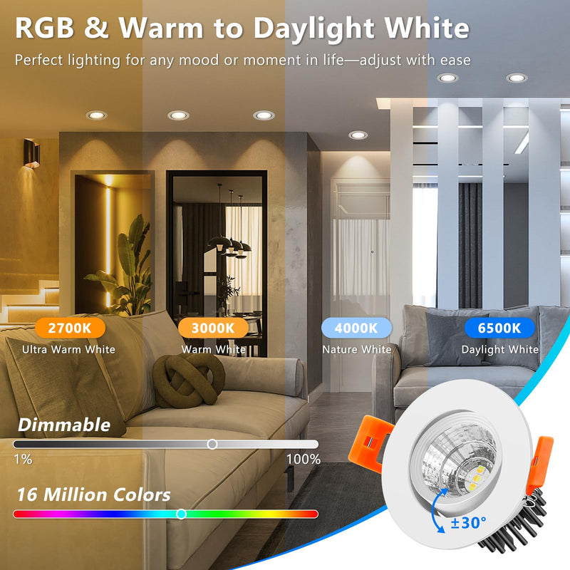 2 Inch Smart Recessed Lighting, 5W WiFi LED Downlight, Dimmable RGB & CCT 2700K-6500K, Compatible with Alexa & Google Home, 120V Recessed Ceiling Light with LED Driver（4 Pack ） White Trim 4 Pack