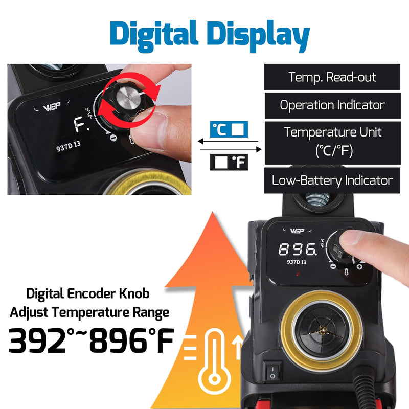 WEP 937D-I 3 Cordless Soldering Iron Kit Compatible with Milwaukee 20V/18V Battery, with Integrated Iron Holder, Digital Display, 6 Soldering Tips, Adjustable Temperature, Auto Sleep & Shutdown 937D-I 3 for Milwaukee