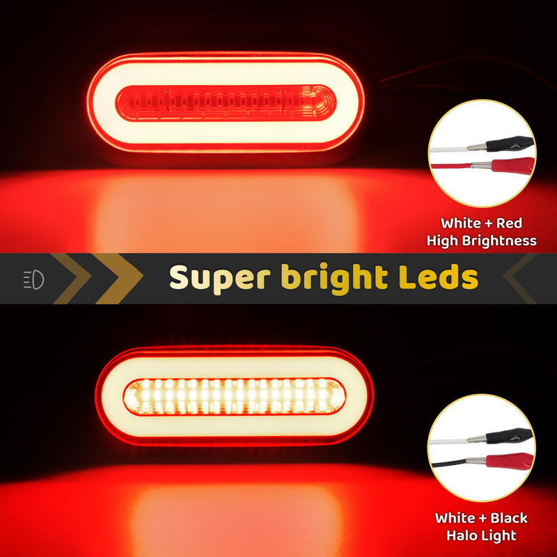 2Pcs 6" inch Smoked Lens Oval Red 52 LEDs Trailer Boat Halo Brake Stop Running Turn Signal Tail Lights【Patented】 w/Rubber Grommet, Sealed Submersible IP67 for Truck/RV/Van, DC 12V