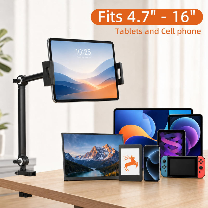 Tablet Stand, 360° Adjustable Holder for 4.7-16" iPad/Phone, Metal | Foldable Tablet Arm Mount for Desk and Bed, for Kitchen, Work, Drawing, Streaming, Video Call, Working, Watching, Heavy Duty