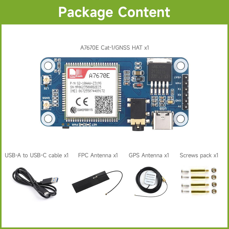 Waveshare Cat-1/GSM/GPRS/GNSS HAT, Compatible with Raspberry Pi, Based On A7670E Module, LTE Cat-1 / 2G Support, GNSS Positioning