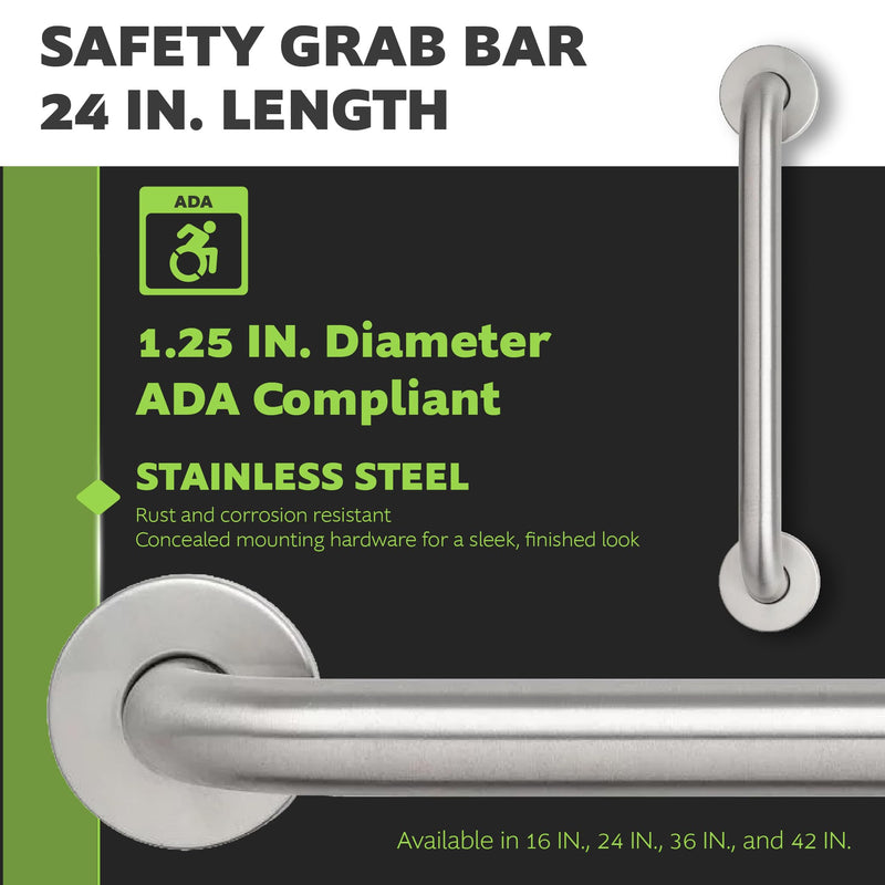 Homewerks 068 HW11424SS 24 inch Bathroom Grab Bar with 1-1/4 Inch Diameter and Concealed Screws ADA Compliant, Stainless Steel 1.25 Inch Diameter