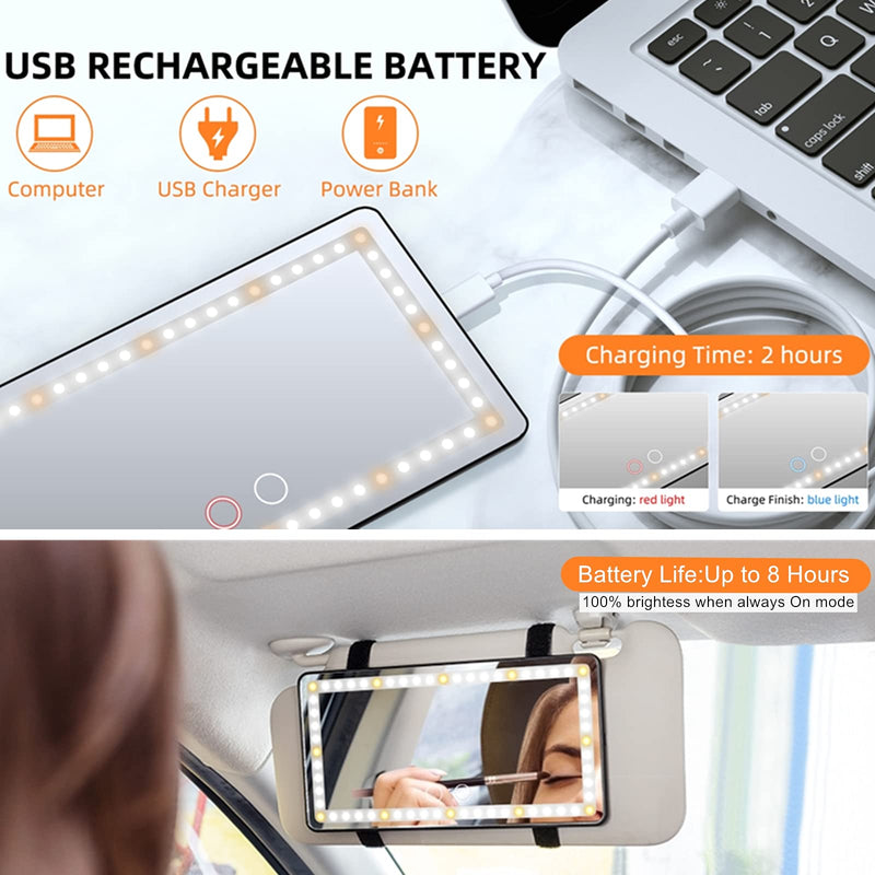 Car Sun Visor Vanity Mirror, with 3 Light Modes & 60 LEDs - Rechargeable Dimmable Clip-on Rear View Sun-Shading Cosmetic Makeup Mirror, Universal for Car SUV(Black) Black