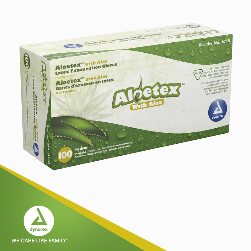 Dynarex Aloetex Latex Aloe Disposable Exam Gloves, Powder Free, Aloe Vera Gloves for Dry Hands, Green Latex Gloves, Green, 1 Box of 100 Gloves (Medium) Medium
