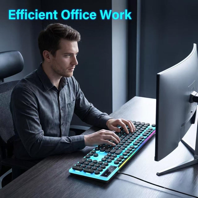 Vintage Round Keycaps Wired Keyboard with RGB LED Backlight, Quiet Gaming Keyboard for PC, Laptop, Desktop, Office & Home(Black) Black2