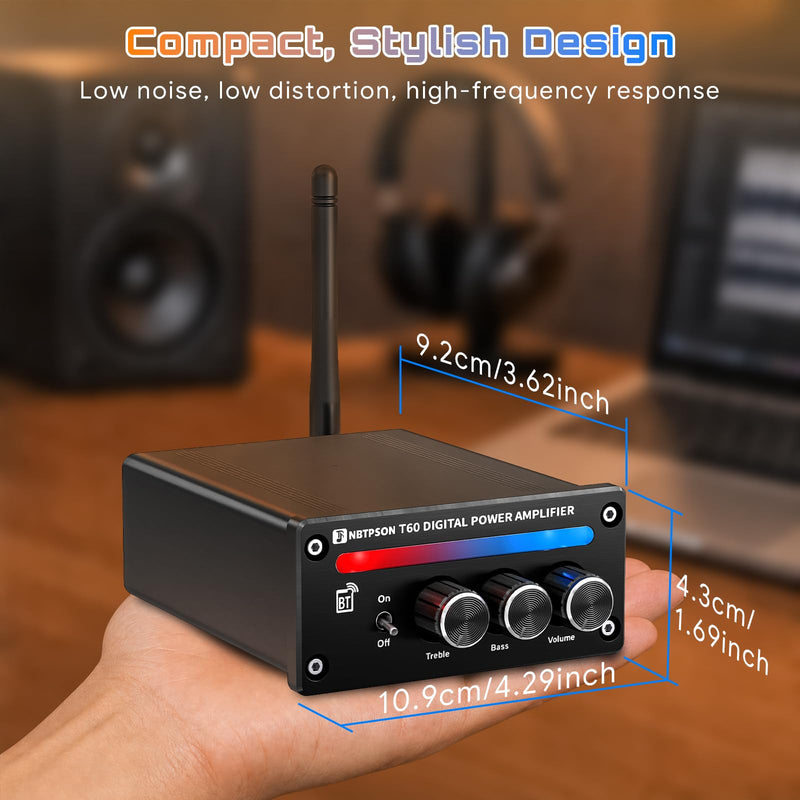 T60A Bluetooth Stereo Amplifier 100W×2 RMS 2CH Receiver | Bluetooth AmpIDual ChipTPA3116 Amp with Bass Treble KnobI 2 Channel Amp with Bluetoothfor Bookshelf, Ceiling, Garage