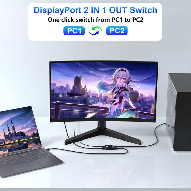 Displayport Switch 2-in-1-out, 8K@60Hz, 4K@120Hz, Resolution DP 1.4 DisplayPort Switcher Selector Box, DSC Support, Display Port Switcher Compatible with Computers, Laptop, Desktop，Monitor，TV