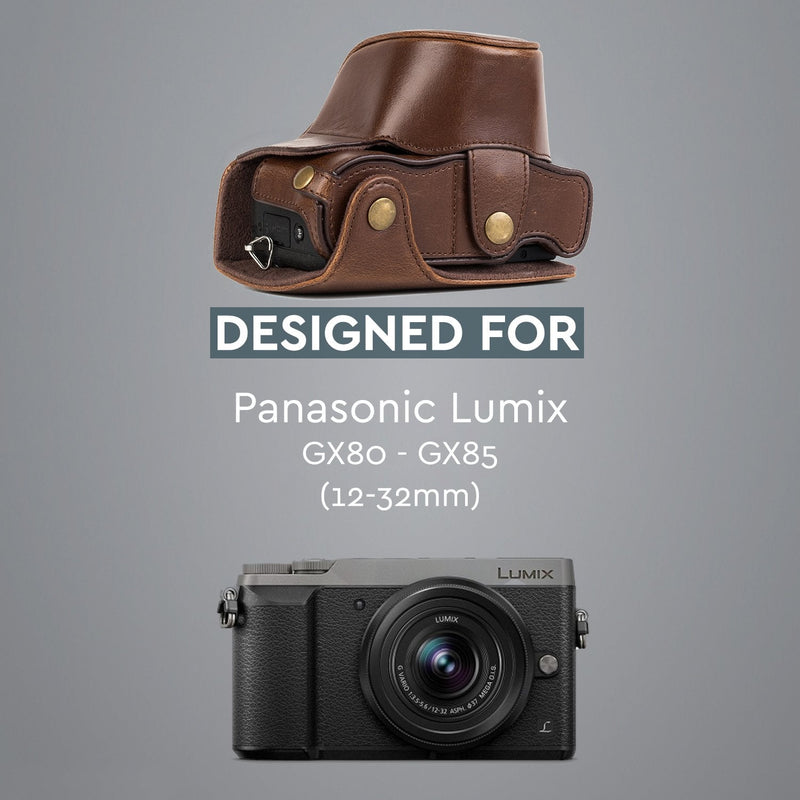 MegaGear Panasonic Lumix DMC-GX85, DMC-GX80 (12-32mm) Ever Ready Leather Camera Case and Strap, with Battery Access - Dark Brown - MG1301