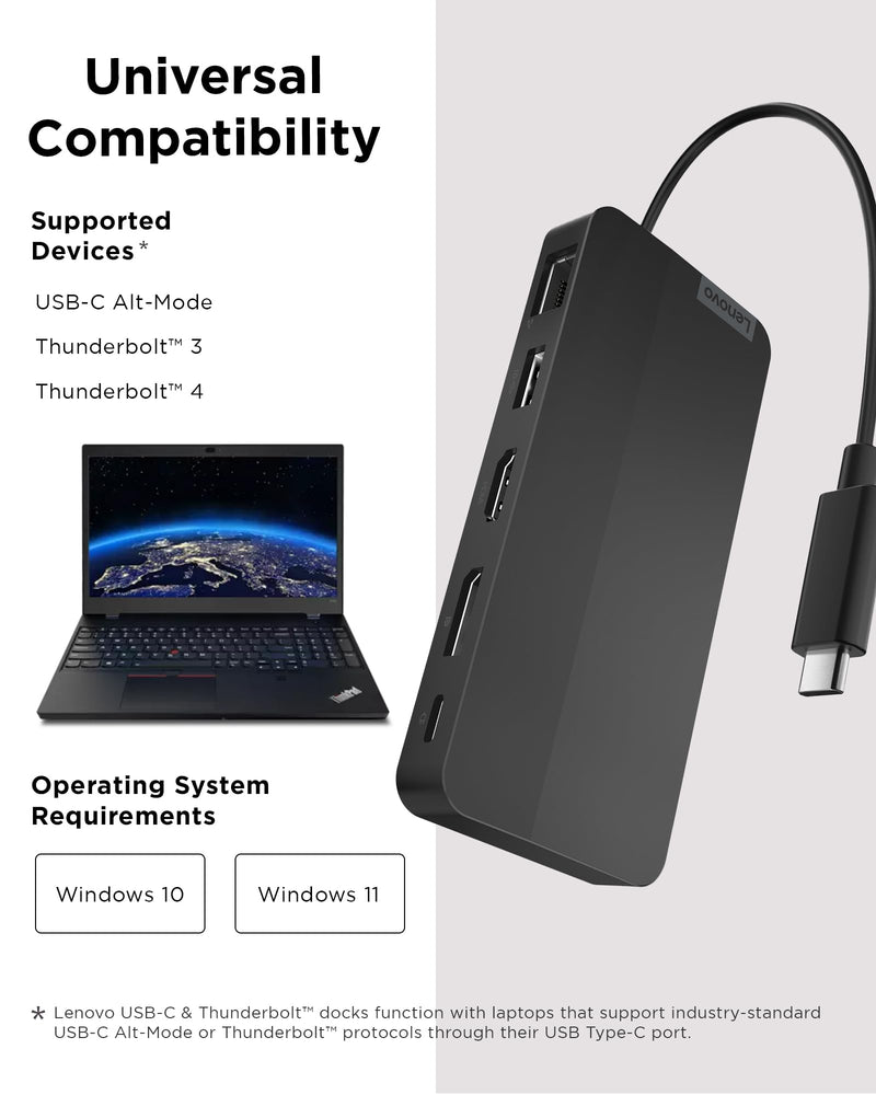 Lenovo USB-C Dual Display Travel Dock - 7 Ports, Integrated Cable, Universal Compatibility, Two displays at 4K - Black USB Dock