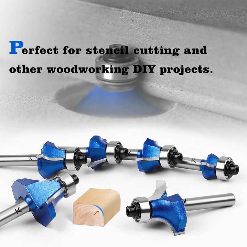 6Pcs Roundover Router Bit 1/4 Shank,Radius in 1/8" 3/16" 1/4" 5/16" 3/8" 1/2",Carbide Tip 2 Flutes Corner Rounding Over Edge Forming Router Bit with Bearing Guide CNC Woodworking Tool 1/8" 3/16" 1/4" 5/16" 3/8" 1/2" Radius 1/4" Shank