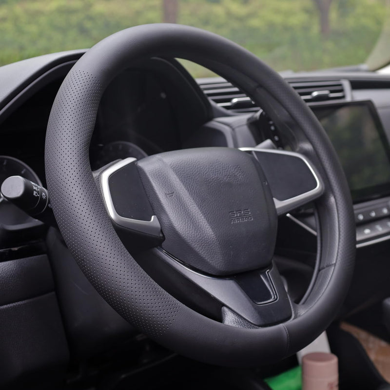 XHRING Car Steering Wheel Cover for Ford Fusion Mustang Bronco/Bronco Sport Ranger Maverick Edge Explorer Escape Focus Ecosport Transit Connect Fiesta Taurus Flex Accessories, Black Leather 14 1/2-15"