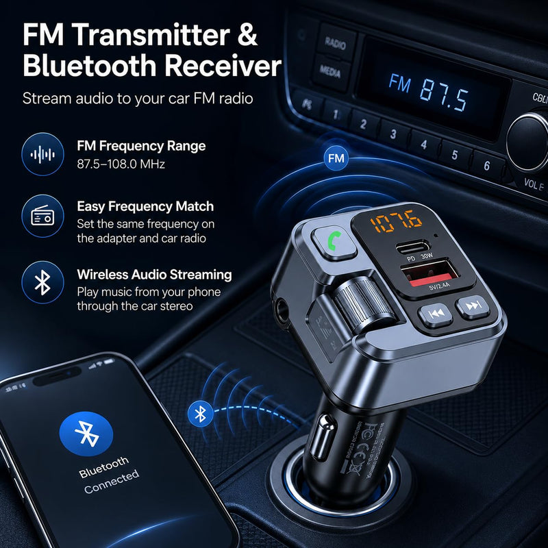 Bluetooth Transmitter Car Adapter, Cigarette Lighter Adapter | Car Charger USB & Type C PD 30W Fast Charging Wireless Music MP3 Player, Audio Receiver, AUX Output, Hands-Free Call