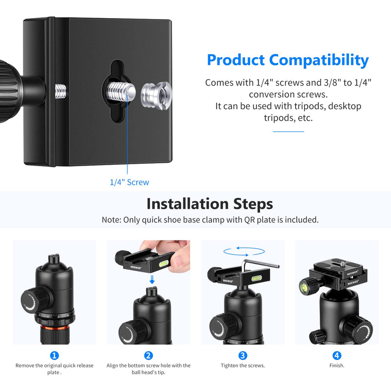 NEEWER Metal 50mm Quick Shoe Base Clamp and QR Plate with Bubble Level and Adjustable Lever Knob, Compatible with Arca Swiss Standard for Tripod Ballhead