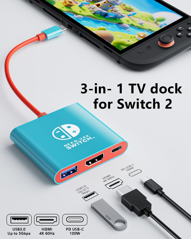 Docking Station for Switch 2, TV Dock with 4K/60Hz HDMI, 100W PD, USB 3.0 Port, TV Adapter, Travel Docking Station Compatible with Nintend0 Switch 2 / Switch/OLED/Steam Deck/Laptop/Phone Blue