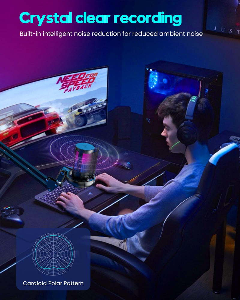 Gaming Microphone, USB PC Mic for Podcasts Videos, Streaming, Condenser Mic with Quick Mute, Tripod Stand, Pop Filter, RGB Indicator, Shock Mount, Rotate gain button, Compatible with PS4/5/PC With Boom Arm