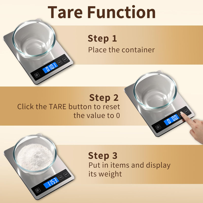 Food Scale, 33lb Digital Kitchen Scale with Stainless Steel & Tempered Glass, 1g / 0.05oz Precise Graduation, Waterproof and Sturdy Surface, for Cooking, Baking, Weight Loss, Meal Prep Non-Rechargeable
