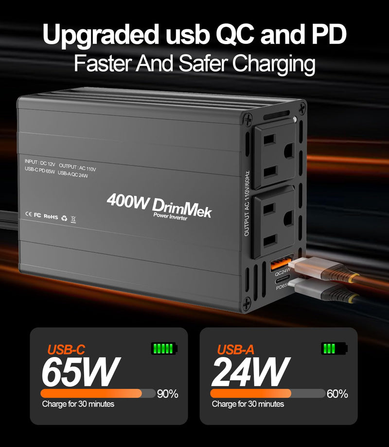 400W Car Power Inverter - Dual DC 12V to 110V AC Car Plug Adapter Outlets, Fast Charging USB C 65W & 24W Port, Power Inverters for Vehicles, Laptop Car Charger, Road Trips BLACK