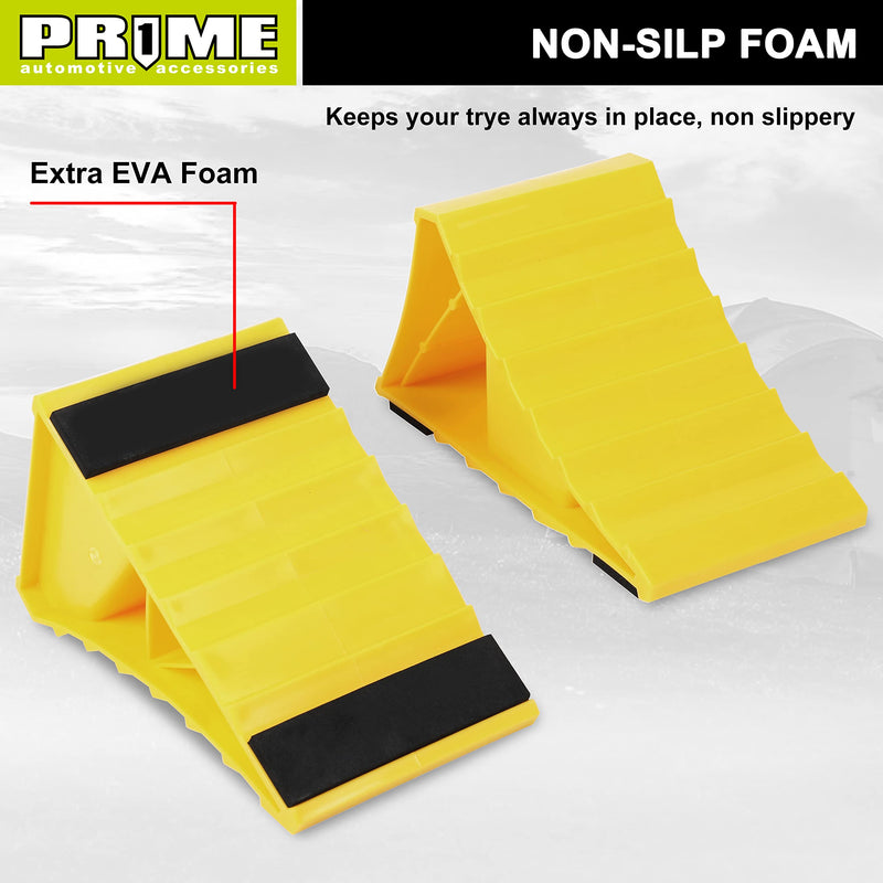 PR1ME Wheel Chocks with Non-Slip Base for RV & Trailer. 2 Pack Heavy Duty Wheel Chock with Bright Yellow. Lightweight Wheel Stoppers for Cars Camper Trucks RVs, Fit for Most Tyre Sizes wheel Chock 2 Pack