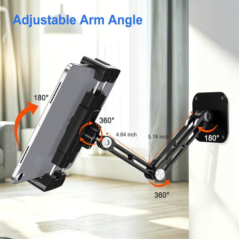 Aluminium iPad Wall Mount Holder, Adjustable for 4.7-17.3" Devices | Foldable Arm, 360° Rotation, Extendable. Fits iPad Pro/Air/Mini, Galaxy Tab & All 4.7-17.3" Phones/Tablets