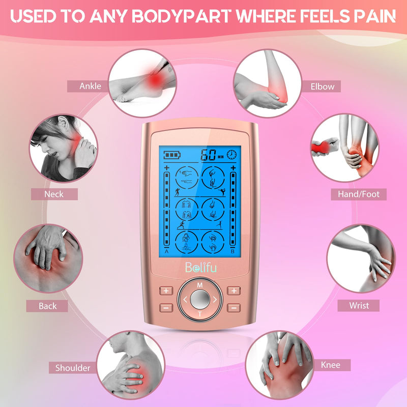 Belifu Dual Channel TENS EMS Unit 24 Modes Muscle Stimulator for Pain Relief Therapy, Electronic Pulse Massager Muscle Massager with 10 Pads, Dust-Proof Drawstring Storage Bag Pink