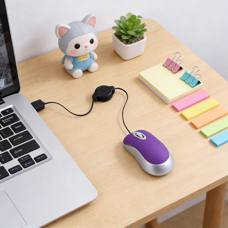 Abaodam Mini USB Mouse with Retractable Cord, Portable Wired Optical Computer Mice for Laptop, Small Travel for Office Business Home School Woman Men Girls Boys Present - Purple