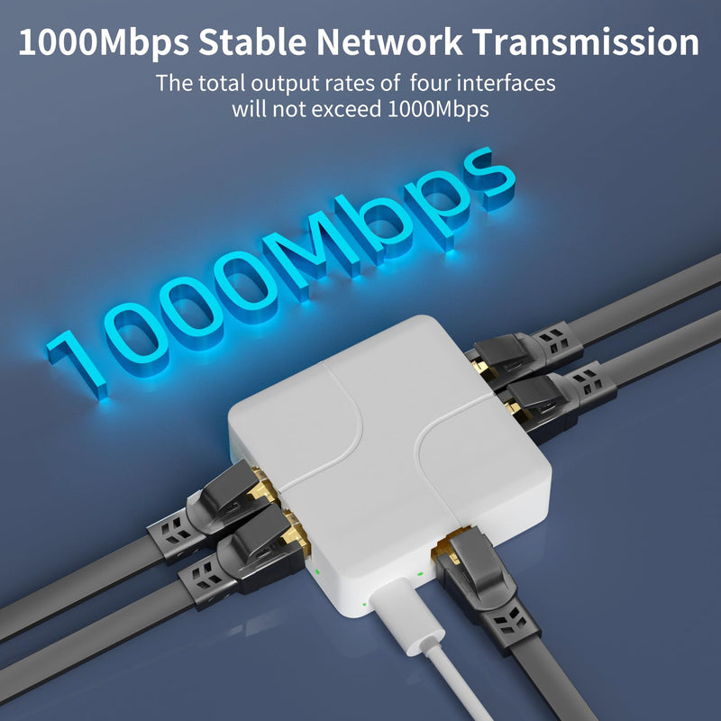 Gigabit Ethernet Switch 4 Port, Ethernet Splitter with USB Power Cable, Support 4 Devices Simultaneously Networking, 5 RJ45 Ports Splitter Adapter High Speed for Cat5/5e/6/7/8