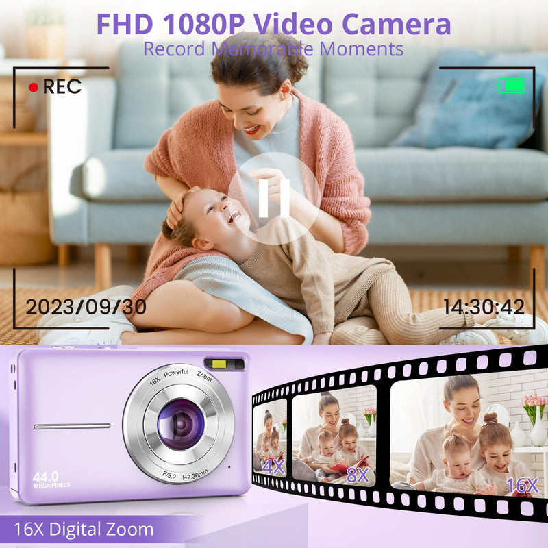 Digital Camera, 1080P 44MP Digital Cameras for Photography, Digital Point and Shoot Camera for Kids with 16X Zoom, Anti-Shake, Compact Small Travel Camera for Boys Girls Teens, Black Purple