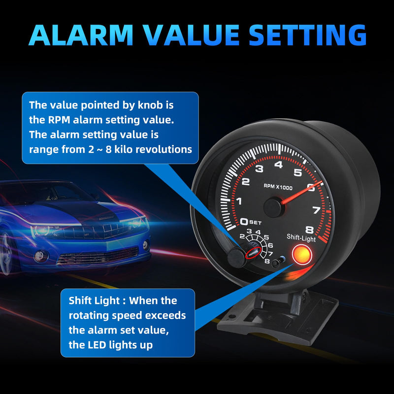 3.75 inch (95mm) Tachometer with Shift Light, 8000 RPM Gauge, 5-Level Adjustable Brightness Backlight Tach for 12V AUTO