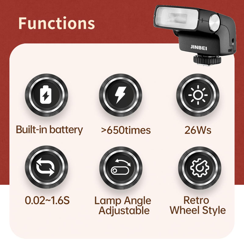 JINBEI Hi-5 Retro Flash GN16 26Ws 2500mAh Portable Camera Flash, 650 Flashes Full Power Universal Hot Shoe, Compatible with Canon Nikon Fuji Panasonic Olympus Sony Cameras and for DSLR Cameras