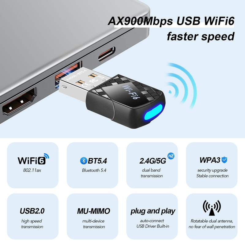 AX900Mbps USB WiFi 6 Adapter for PC, 2-in-1 Bluetooth 5.4 WiFi Adapter.2.4G/5G Dual-Band Wireless Network Transceiver Adapter for Laptop, Desktop, WPA3,Supports Windows 11/10 Black AX913