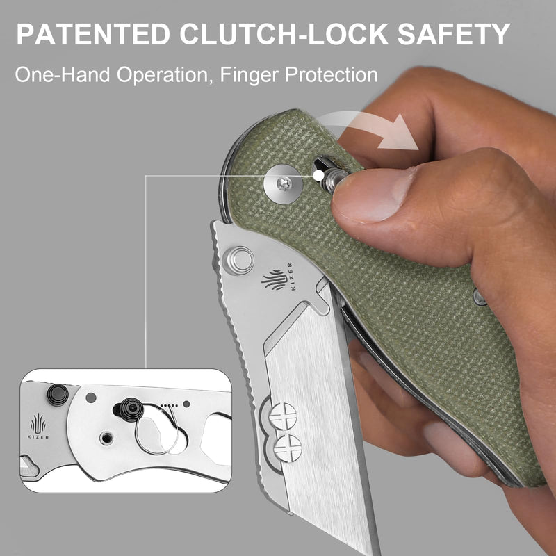 Kizer Uti Bear(New Dual-screw Version) Folding Utility Knife, Clutch Lock Box Cutter EDC Pocket knife with 5PCS Razor Blades, Pocket Knives with Pocket Clip for Men Women V3619JM1 Olive Green