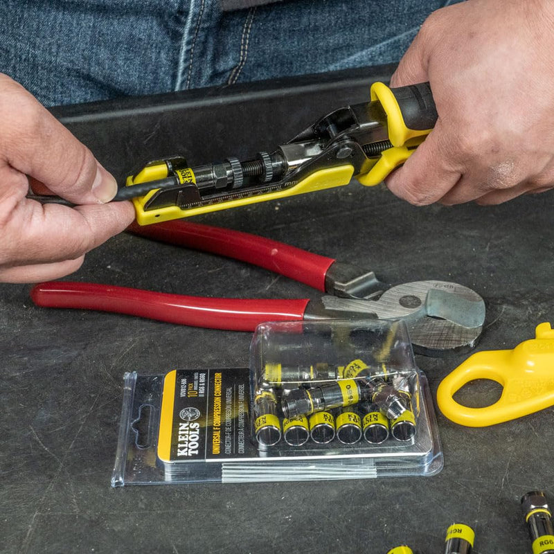 Klein Tools 80151 Coax Cable Compression Crimper and Stripper Set with 10-Pack of RG6/6Q F-Connectors for Fast and Reliable Installation, 3-Piece