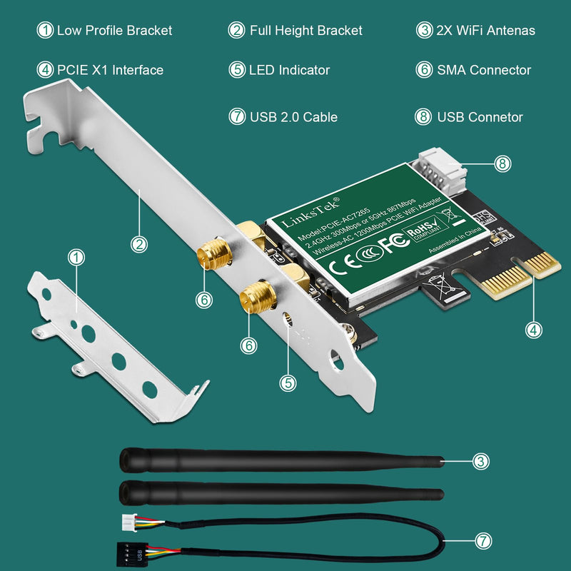 Wireless-AC 1200Mbps (2.4GHz 300Mbps and 5GHz 867Mbps) PCIE WiFi Adapter, PCIE WiFi Card, Intel Wireless-AC 7265 Network Adapter for Windows 11,10, 8.x, 7 (32/64bit) Desktop PCs (PCIE-AC7265)