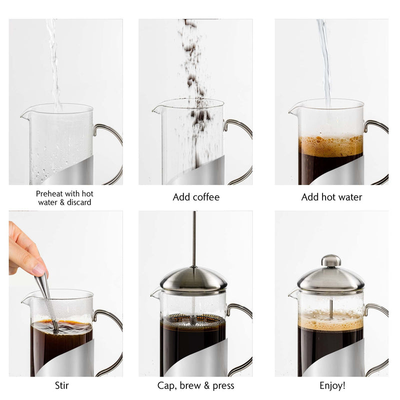 OVENTE French Press Coffee Maker 12 Ounce, 4 Level Stainless Steel Filter System & Heat Resistant Borosilicate Glass, Scoop included, Silver FSL12S