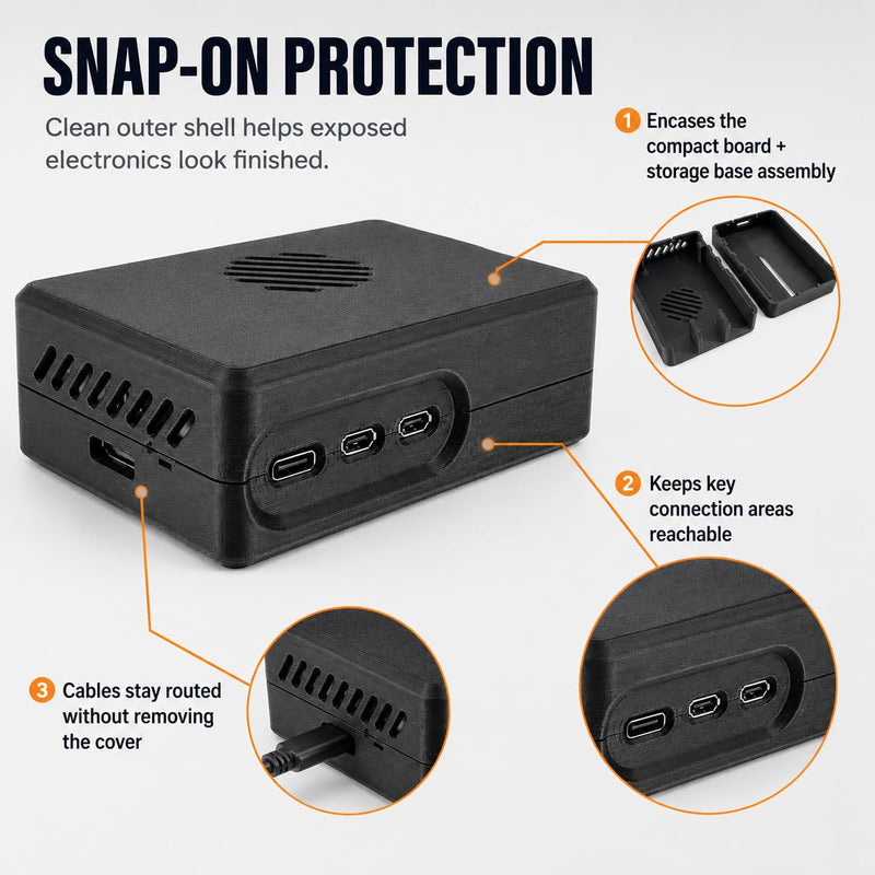 NVMe Base Case Compatible with Raspberry Pi 5 and Pimoroni NVMe Base – Snap-On Protective Cover | Port Access | Ventilated Low-Profile Chassis for Desk Builds
