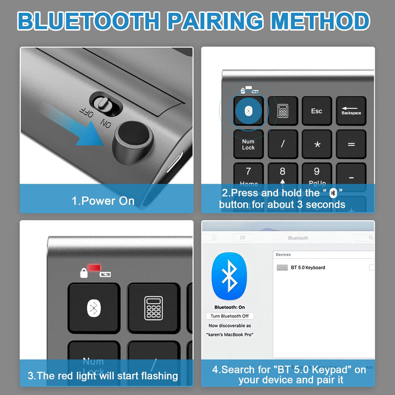 Bluetooth Number Pad Wireless & Wired 10 Key USB Keypad Two in One, Rechargeable Numpad for Laptops, Desktop, Computers Accessories Compatible with MacBook iPads ChromeBook EliteBook Notebook etc. Metal Grey