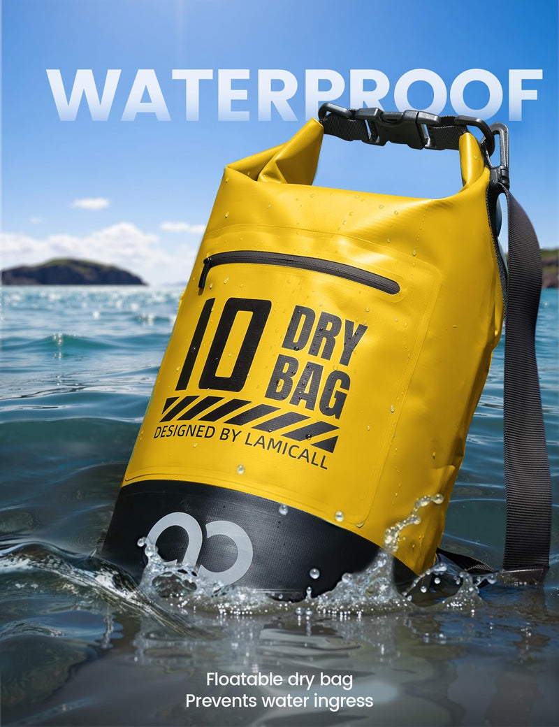 Lamicall Waterproof Dry Bag with Phone Pouch - 5L/10L/20L/30L/40L Floating Roll Top Backpack for Kayaking Boating Beach Camping Fishing - Heavy Duty 500D PVC Marine Dry Sack for Men,Women, Yellow 20L Lemon Yellow