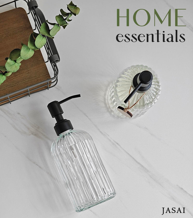 JASAI 2PACK 18Oz Simple Glass Soap Dispensers with Black Pump, Refillable Kitchen soap Dispenser with Vertical Stripe, Bathroom Soap Dispenser for Bathroom Hand soap, Dish Soap, Lotion. Clear-black Pump-2p 2 Pack