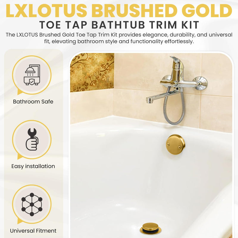 LXLTOUS Brushed Gold Toe Tap Bathtub Trim Set with Two-Hole Overflow Faceplate, Replacement Brass Tub Drain Kit with 2-Hole Overflow Cover and Universal Fine/Coarse Thread, Fits 1-3/8" and 1-1/2"