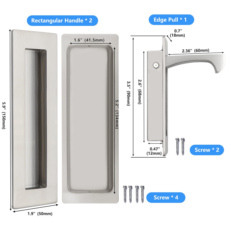 Dontay Sliding Pocket Door Handles, 304 Stainless Steel Non Locking Pocket Door Hardware, Recessed Flush Finger Pulls, Heavy Duty Edge Pull (1 Set, Satin Nickel, 6 Inch) 1 Set