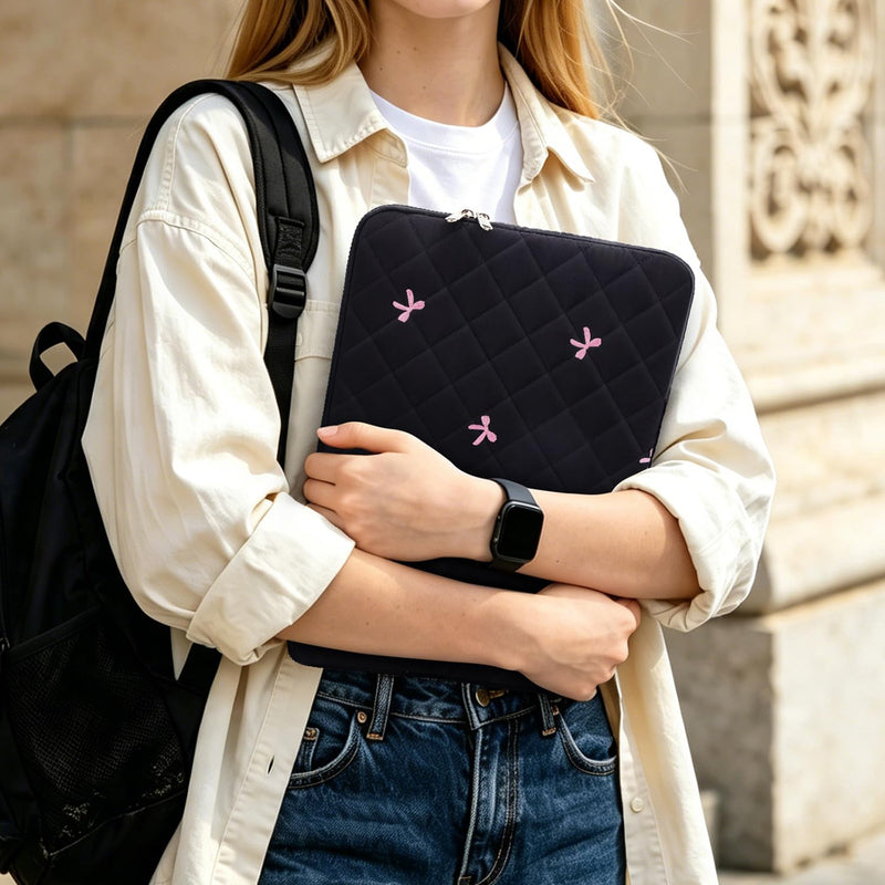 15-16 Inch Laptop Sleeve, Bow Embroidered with Pouch, Black | Quilted Shockproof Padding, Scratch-Resistant Lining, Water Resistant Fabric, Accessory Pouch, Slim for Work, School & Travel 15-16 Inch