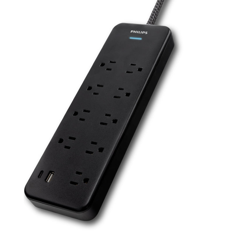 Philips 9-Outlet Surge Protector with USB Charging, 6ft Braided Extension Cord, 1USB-A, 1USB-C, 2400J, Adapter Spaced, Black - SPP3983B/37