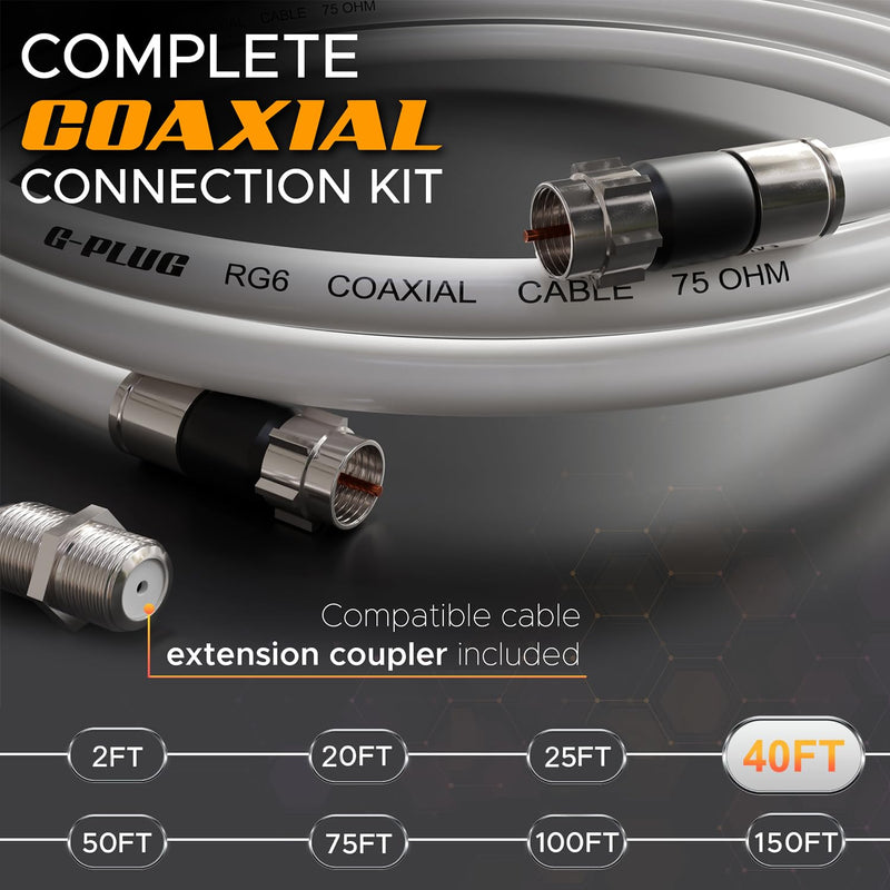 G-PLUG 40FT RG6 Coaxial Cable Connectors Set - High-Speed Internet, Broadband and Digital TV Aerial, Satellite Sky Cable Extension- Weather-Sealed Double Rubber O-Ring and Compression Connectors White