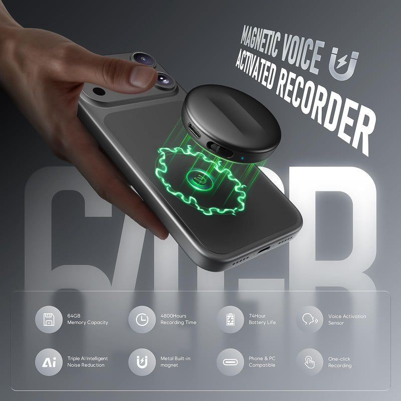 64GB Digital Magnetic Voice Recorder with DSP 5.0 AI-Intelligent Noise Cancellation, 4800Hrs Voice Activated Recorder, Smart Tap Recording Device Portable for Lectures Meetings Interviews Classes