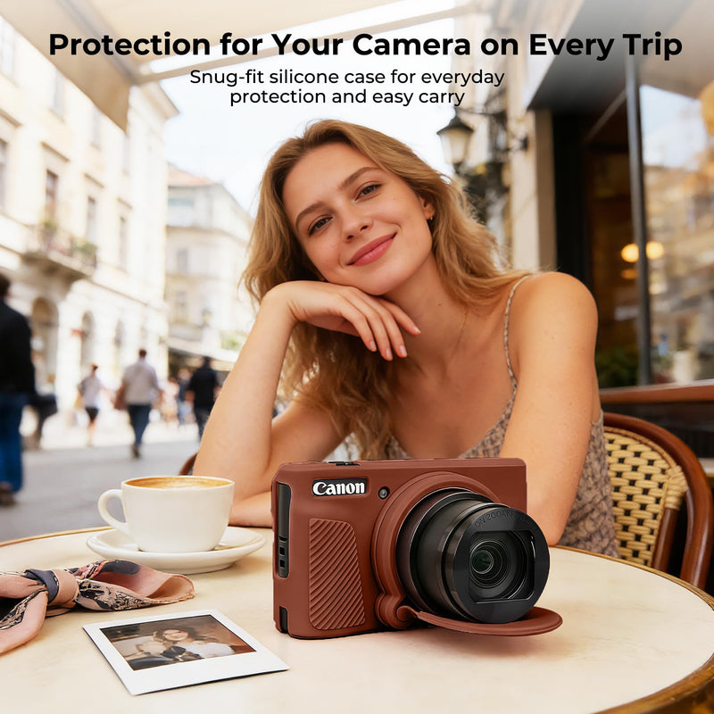 Silicone Camera Case for Canon PowerShot SX740 / SX730 HS Digital Camera, Soft Silicone Protective Case, Removable Lens Cover with 2 x Tempered Glass Protectors & 1 x Wrist Strap – Brown