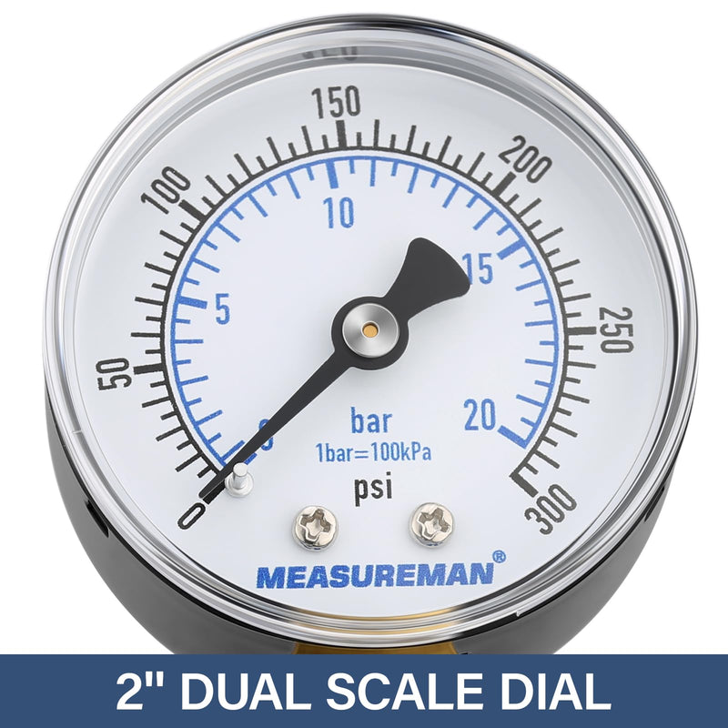 MEASUREMAN Air Over Water Test Kit, 2” Dial, 0-300 PSI, 1/4” NPT Top Mount with 3/4” Female Hose Connection for Leak Detection and Pressure Testing
