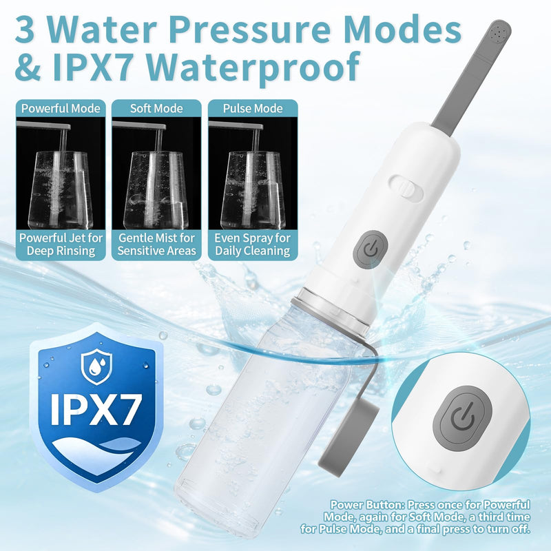 Portable Bidet for Travel with 260ML Bottle, Rechargeable Electric Bidet Bottle for Women Men Baby Cleaning, Waterproof High Pressure Sprayer for Personal Hygiene (White & Gray) White & Gray