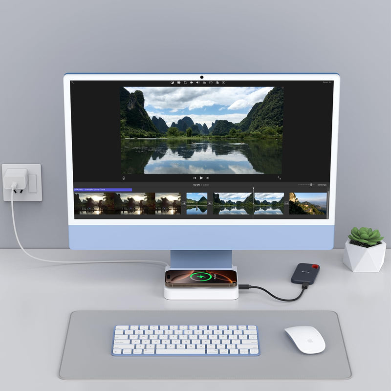 USB C Hub for iMac 24-inch 2021/2023/2024, 10Gbps USB-C*2 & USB-A, SD/TF Reader, 15W Wireless Charge, Accessory Adaptor for iMac M1 M2 M4